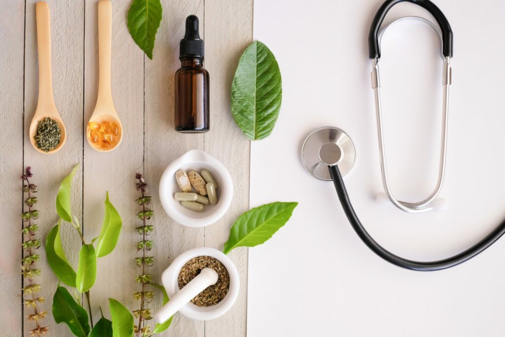 Naturopathic medicine stethoscope and herbal medicine and supplements